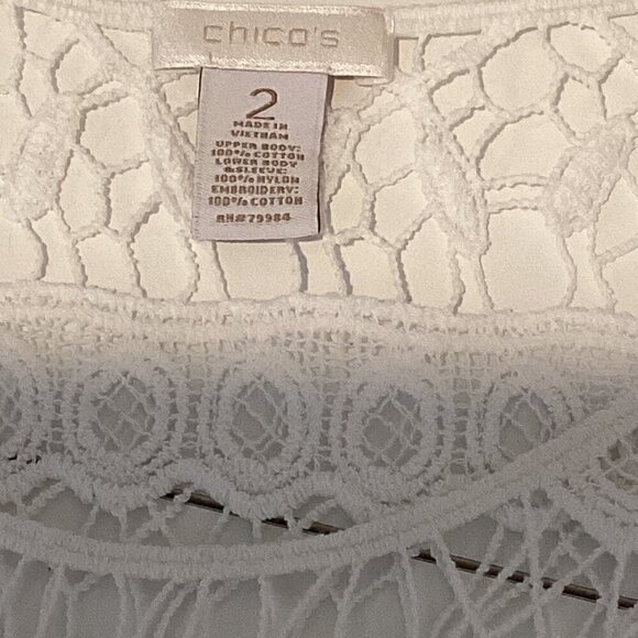 Chico's White Crochet Lace & Mesh Embroidered Tunic Top Sz 2 (L/12) #296K - Picture 5 of 6